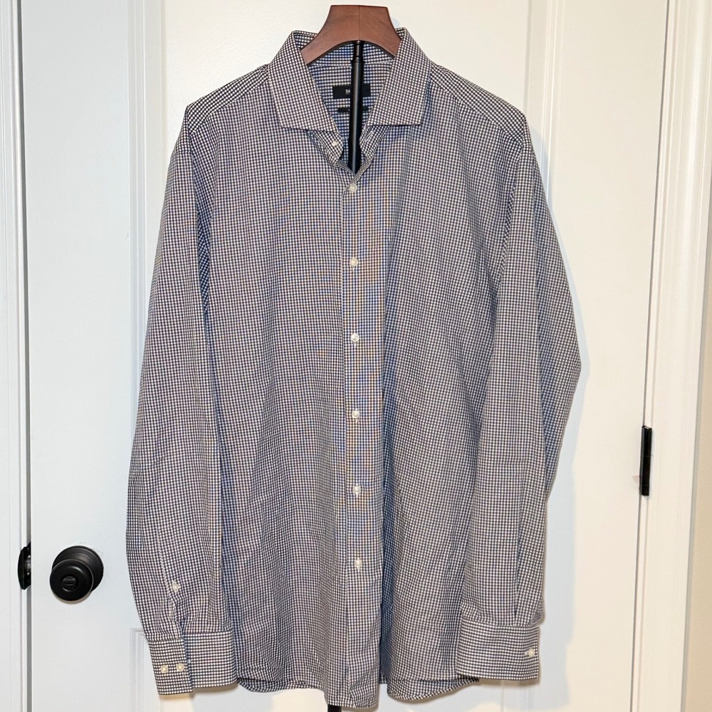 Hugo Boss Slim Fit Mens Navy Gingham Button Down Shirt Size 18 46 Long Sleeve